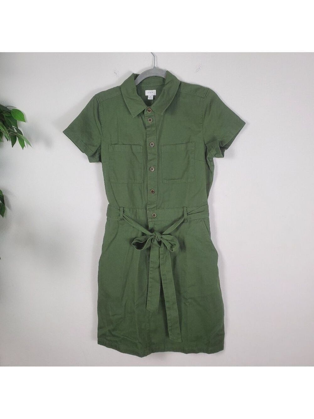 J Crew Full Button Dress Olive Green Tie Waist Cotton Size 6 - Picture 2 of 10